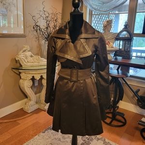 Guess Leather Trim, Sateen Trench Coat, Rain Jacket, double breasted, belted